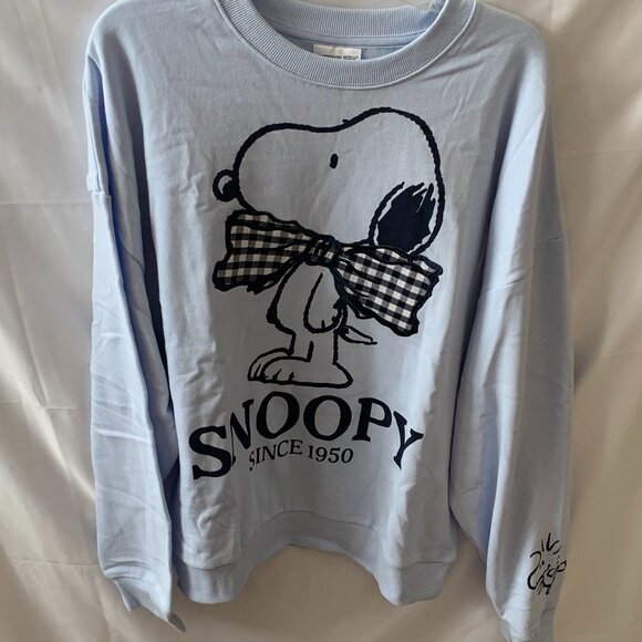 PEANUTS Snoopy Plaid Bow Graphic Crew Neck Sweater in Blue Sz LARGE - Picture 1 of 4